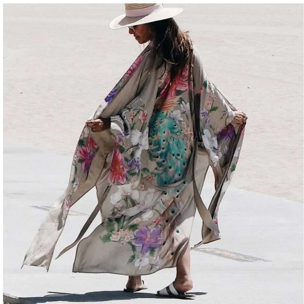 Boho Floral print Peacock Kimono Beach Cover up - Picture 4 of 9